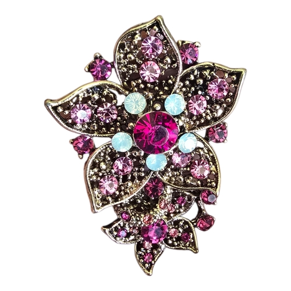 Floral Pink Gold White Rhinestone Brooch Pin Lapel Scarf
